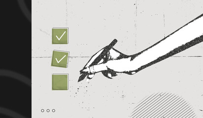Trendy Halftone Stipple Collage Hand with pen and check list. Organized task processing. Completed to do list banner. Project plan. Grunge and vintage. Vector illustration art