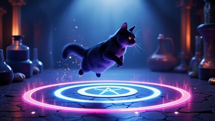 A black and white cat jumping over a neon circle.