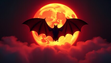 A bat flying in front of a bright orange moon.