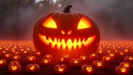 A large pumpkin with glowing eyes and a jack-o-lantern face is surrounded by small pumpkins.