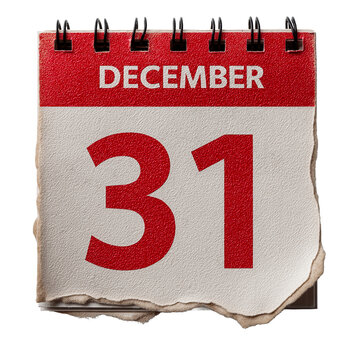 Close up of a desk calendar page showing December 31 with red numbers and binding