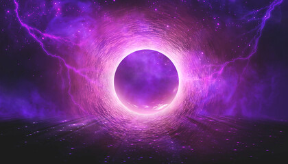 Plakat Sci-fi futuristic neon background space, light circle in the center, rays and lines, reflection, smoke.