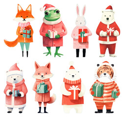 Fototapeta premium PNG Festive animals with holiday gifts, element set on transparent background