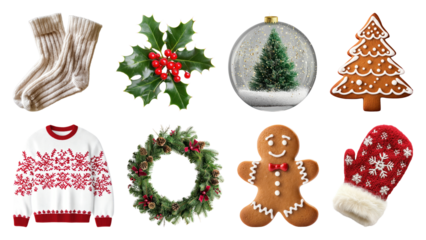 PNG Festive holiday decorations collection, element set on transparent background