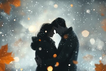 A couple's intimate embrace under falling snow, illuminated by bokeh lights and autumn leaves. A tender, magical winter romance scene.