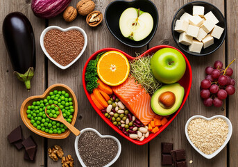 Healthy heart-shaped food arrangement on a rustic wooden table