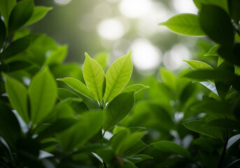 Fresh green leaves in sunlight, nature background with bokeh effect