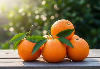 Fresh oranges with green leaves on a wooden table in natural sunlight
