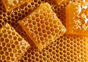 Close-up of fresh honeycomb with golden honey, a natural and delicious treat