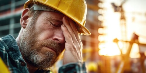 Construction Worker at Sunset Highlighting Hard Work and Stress