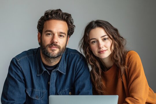 A diverse team, a man with a beard and a woman, collaborating on a laptop, looking confidently at the viewer.