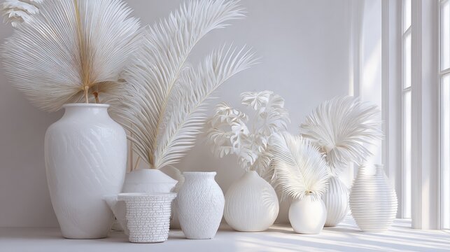 Monochrome botanical display of sculptural vases and dried floral elements - Powered by Adobe