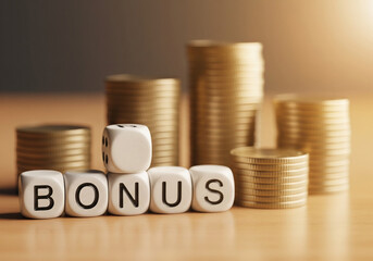 Bonus concept with dice spelling the word and stacks of coins in the background