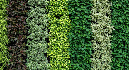 Vibrant vertical garden wall with diverse plant species and textures