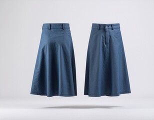 Stylish blue midi skirts, front and back view, on a clean white studio background