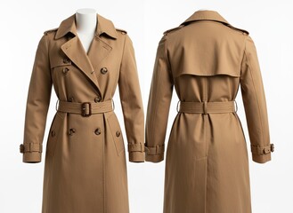 Classic tan trench coat on mannequin with front and back views against white background
