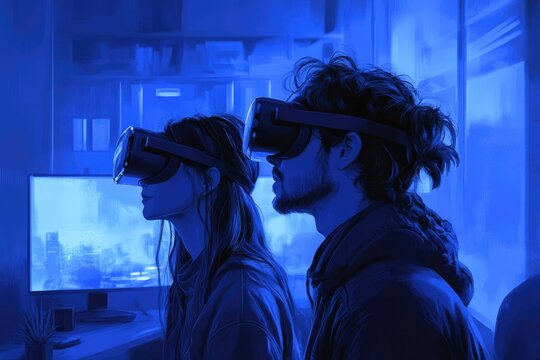A couple deeply immersed in a shared virtual reality experience, wearing VR headsets in a blue-lit room, exploring digital worlds. Future tech.
