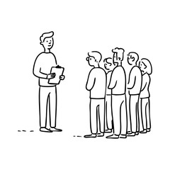 Group of people gathered around a man with a clipboard, representing teamwork, leadership, and project coordination.