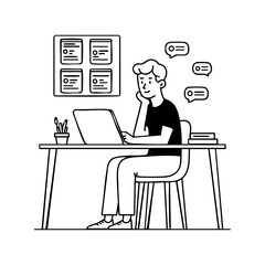 Young professional working on laptop at desk surrounded by chat bubbles, representing remote work, communication, and productivity.