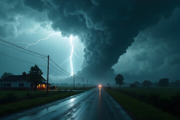Tornado Disaster and Lightning Storm Over Wet Country Road