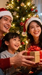 Family celebrating christmas with gifts and smiles by the decorated tree