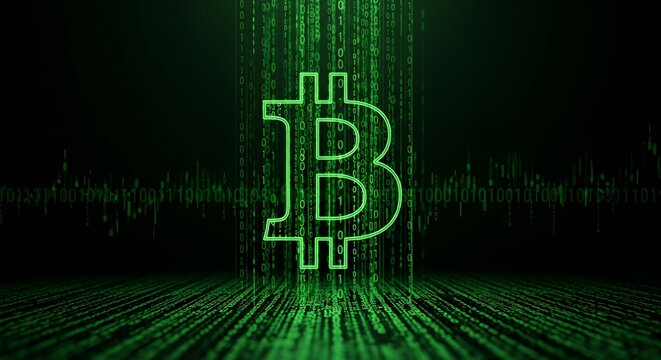 Digital Bitcoin Symbol in Green Matrix Style with Binary Code in Background