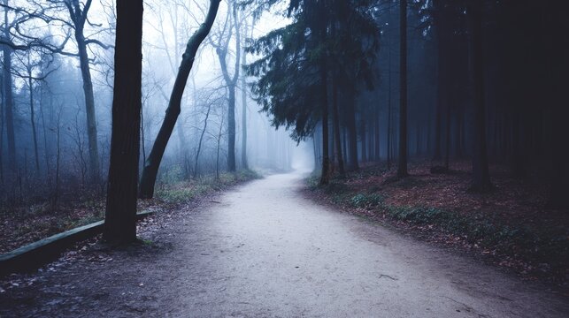 Eerie foggy forest trail with twisted bare trees and minimal light creating a dark, moody halloween atmosphere with space for text on the right