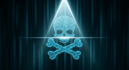 Digital Skull and Crossbones Symbol in Blue Glowing Light with Binary Code and Data Stream