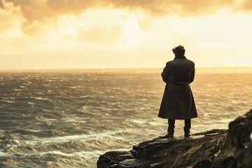 A solitary figure in a long coat stands on a cliff edge, contemplating the vast, turbulent sea under a dramatic, golden sky.