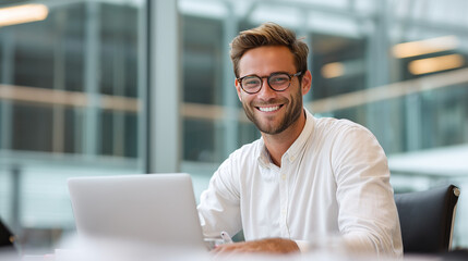 Smiling entrepreneur working at his laptop in bright office