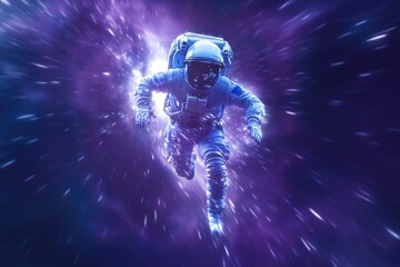 An astronaut speeds through a vibrant purple and blue cosmic wormhole, propelled by interstellar energy, exploring the universe at warp speed.