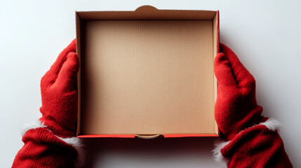 Red-gloved hands hold an empty cardboard box against a white background. Concept of anticipation and holiday preparation.