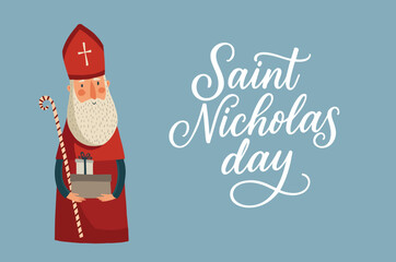 Cute Saint Nicholas, Sinterklaas character. Happy St Nicholas day greeting card, invitation with lettering text. Christmas St Nick old man bishop bringing gifts. Vector illustration banner