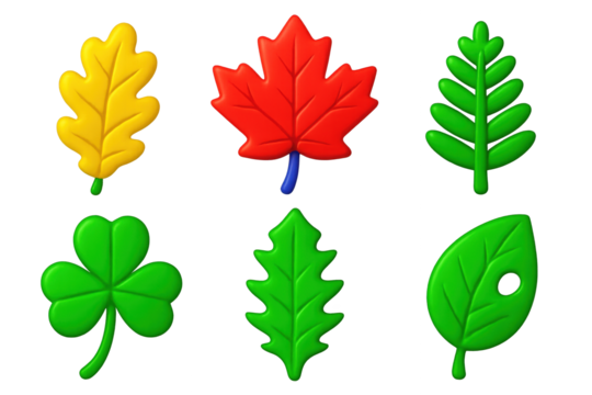 Vibrant Leaf Icons. 3D icon set of leaves and plants: oak leaf, maple leaf, fern leaf, clover, dandelion leaf, chewed leaf. A set