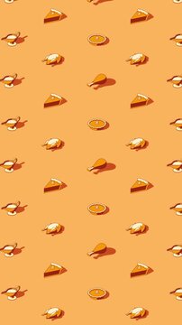 Vertical Thanksgiving dinner themed isometric pattern loop animation on orange background
