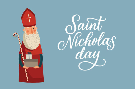Cute Saint Nicholas, Sinterklaas character. Happy St Nicholas day greeting card, invitation with lettering text. Christmas St Nick old man bishop bringing gifts. Vector illustration banner