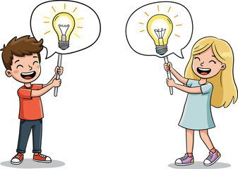Cartoon boy and girl holding speech bubble with light bulb, creative kids idea, teamwork, innovation, brainstorming, learning, education illustration.