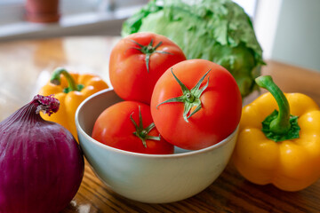Vegetables, Red Tomatoes, Yellow Bell Peppers, Red Onion Green, Iceburg Lettuce