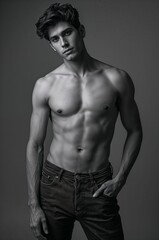 Fototapeta premium Athletic shirtless man in jeans, cinematic lighting. Generative AI