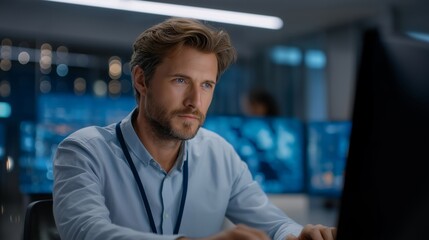 Hospital administrator auditing electronic medical records using AI-driven software, showing focused determination, symbolizing compliance with healthcare regulations, secure patient data