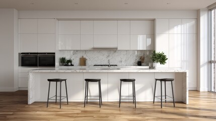 Modern minimalist kitchen with sleek white cabinets and marble countertop, spacious design, natural light, contemporary style, clean lines, and elegant simplicity with copy space on the right side