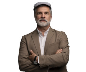 Attractive serious grey-haired man in suit and flat cap isolated on transparent background
