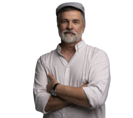 Smiling man wearing white shirt and flat cap, close-up on transparent background