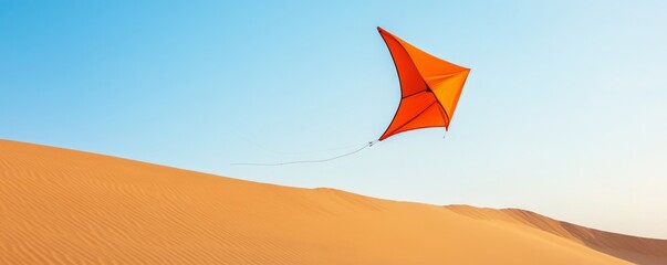 Orange Kite Flying Above Desert Sand Dunes Under Blue Sky, Kite , Desert