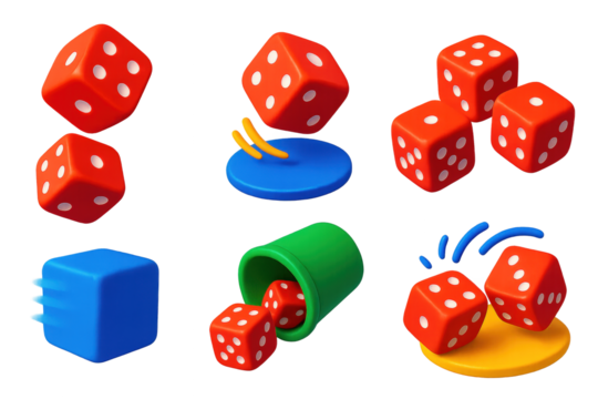 Dynamic Dice Icons. 3D icon set of rolling action: dice mid-air, dice bouncing on table, dice scattering, blurred motion cube, cup