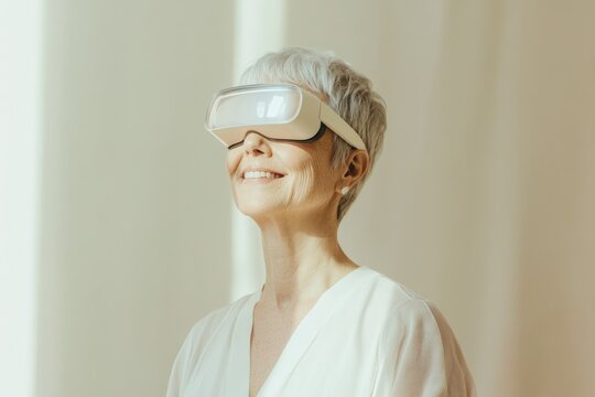 A joyful senior woman with gray hair wears a sleek white VR/AR headset, looking up, deeply immersed in a futuristic virtual experience.