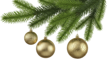 Golden New Year and Christmas ornaments on fir branch, on a transparent background, PNG image