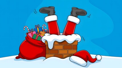 Santa claus stuck in chimney with gifts spilling from sack