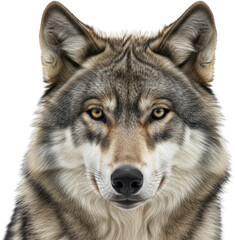 Obraz premium Majestic Grey Wolf Head Looking Forward on a Transparent Background PNG image