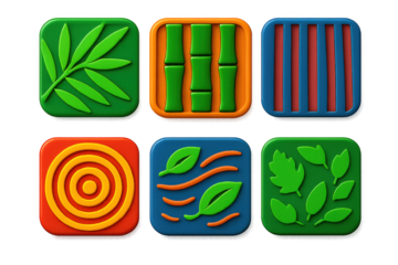 Bold Nature Icons. 3D icon set of nature-inspired patterns: bamboo leaf texture, stalk segment lines, vertical stripe forest,